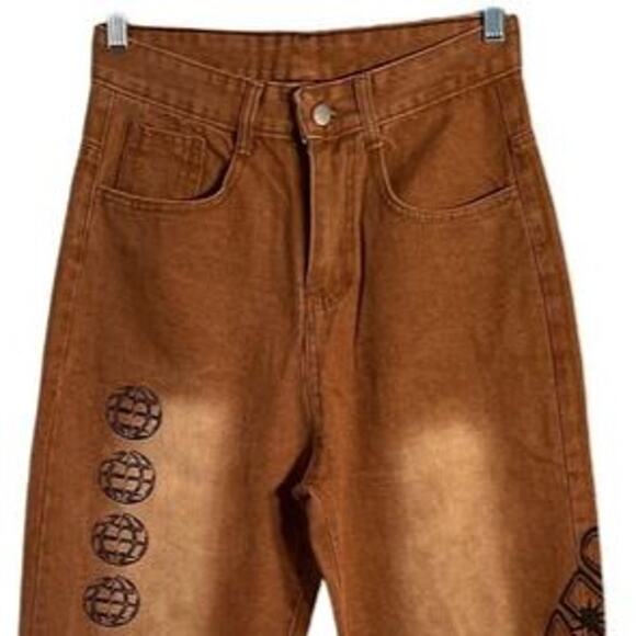 FASHION Jeans Mens Size 28" Waist Brown Baggy Y2K Grafitti Korean Streetwear NWT - Picture 8 of 10